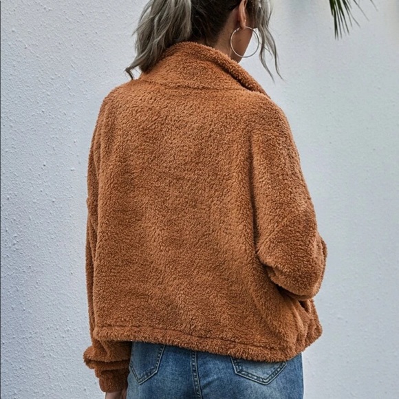 Zip up teddy jacket cinch waist hem gray faux fur - Picture 6 of 6